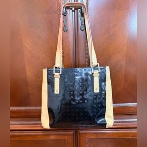 Arcadia EUC Black Patent Leather Monogram Tote 
Made in Italy tan leather trim.